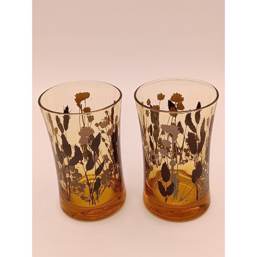 Vintage Amber Wildflower Tumblers - Mid-Century Gold Floral Glasses, Set of 2